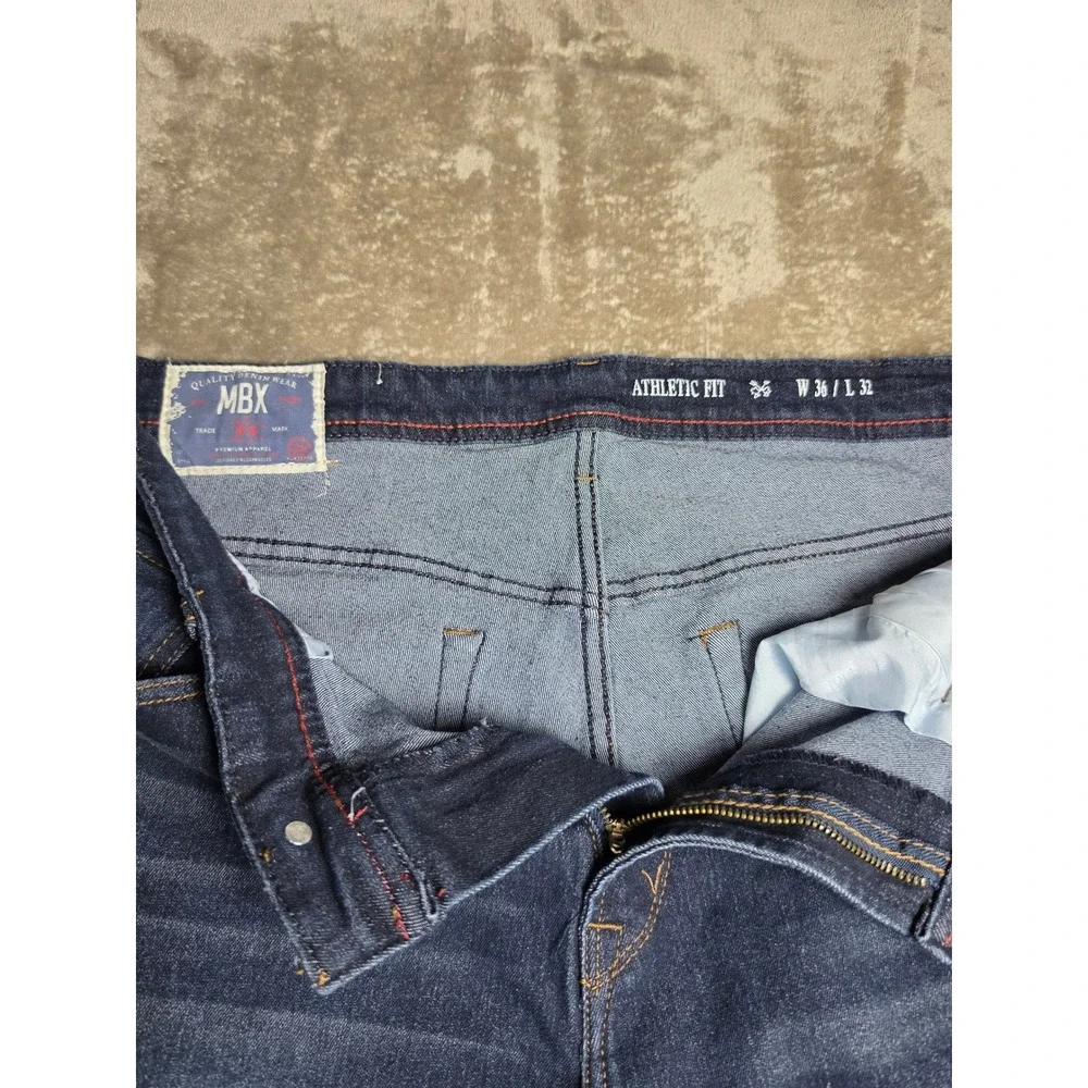 MBX Mens Athletic Fit Dark Wash Denim Jeans Blue W36 L32 Whiskered Stretch